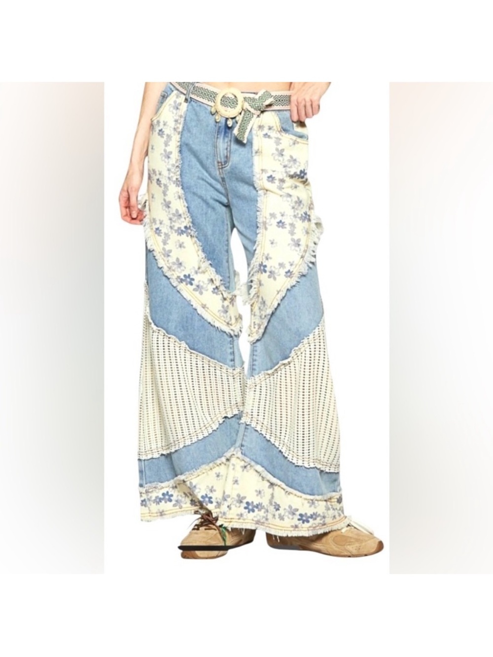 POL Patchwork Wide-Leg Jeans in Light Blue and Cream Floral